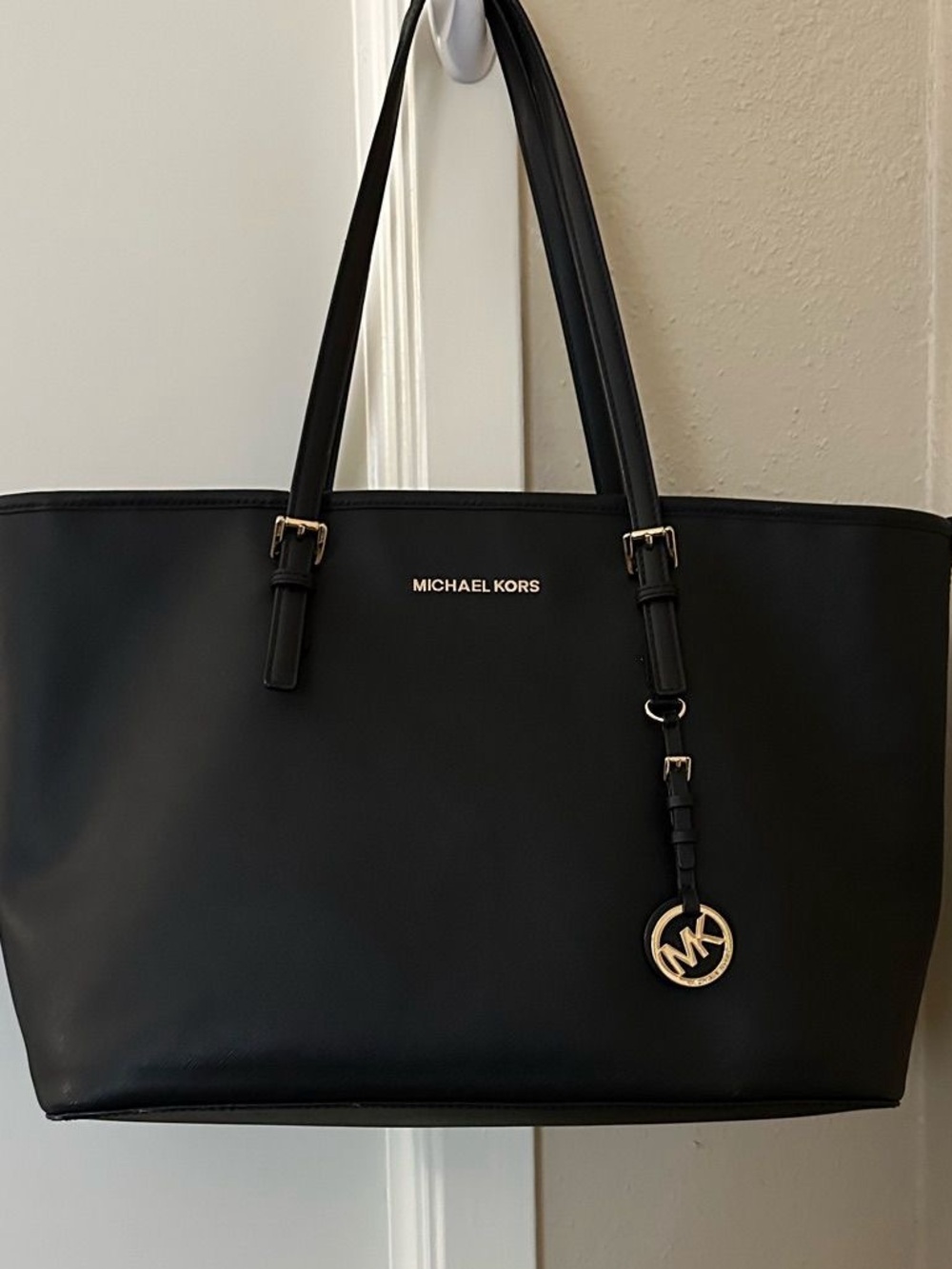 Michael Kors Black Leather Logo Tote with Gold Charm